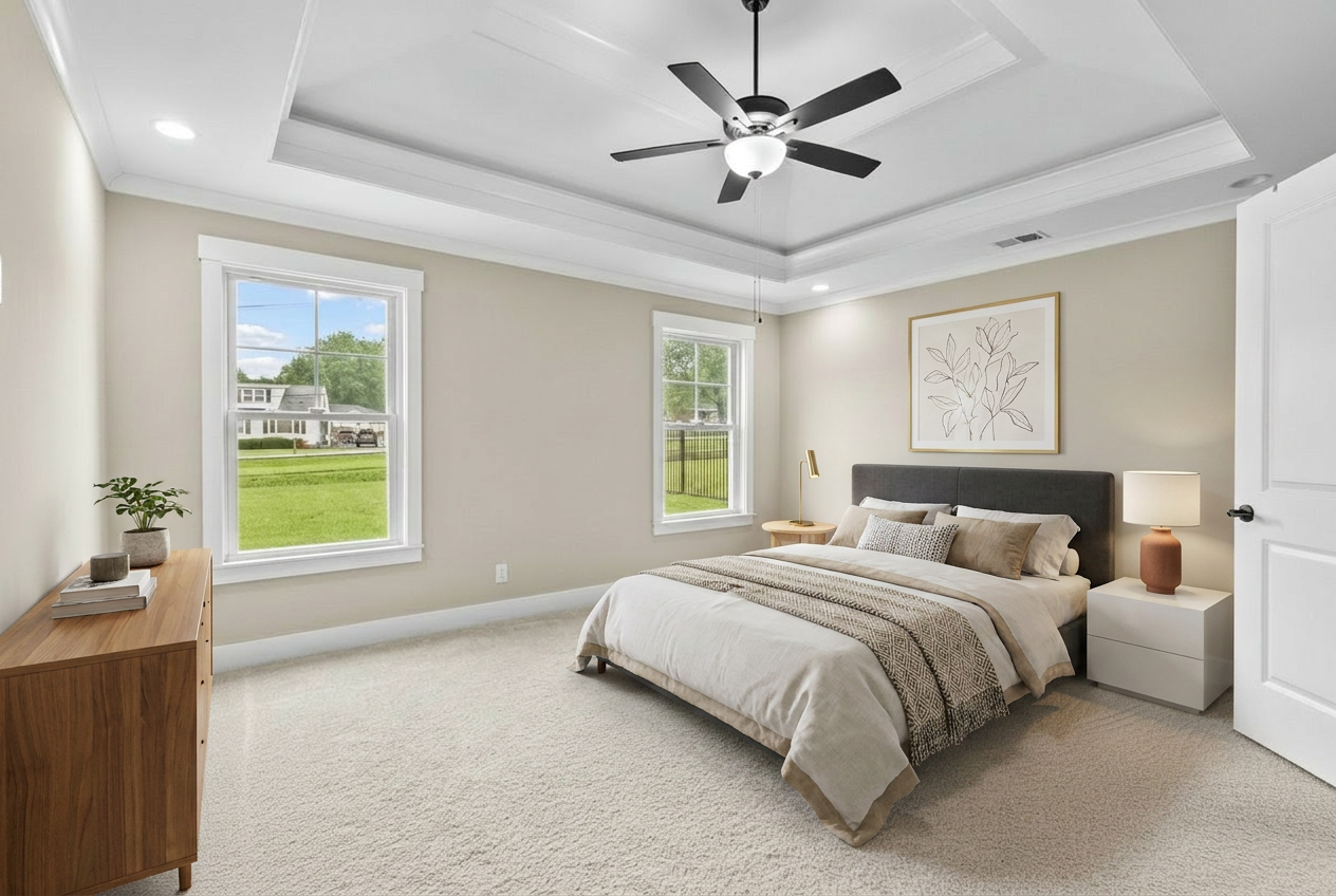 Primary suite with tray ceiling and barn door